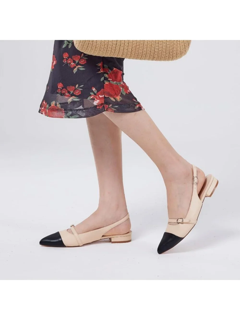 Women's Black Nude Leather Slingback Flats Rhinestone Closed Pointed Toe Shoes